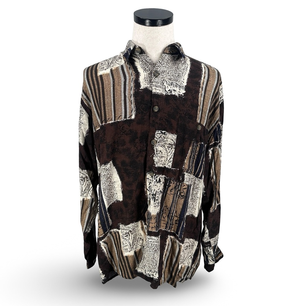 Vintage Lorenzini Button Down Shirt Men XL Brown Gray Abstract Patchwork Viscose - Picture 1 of 11